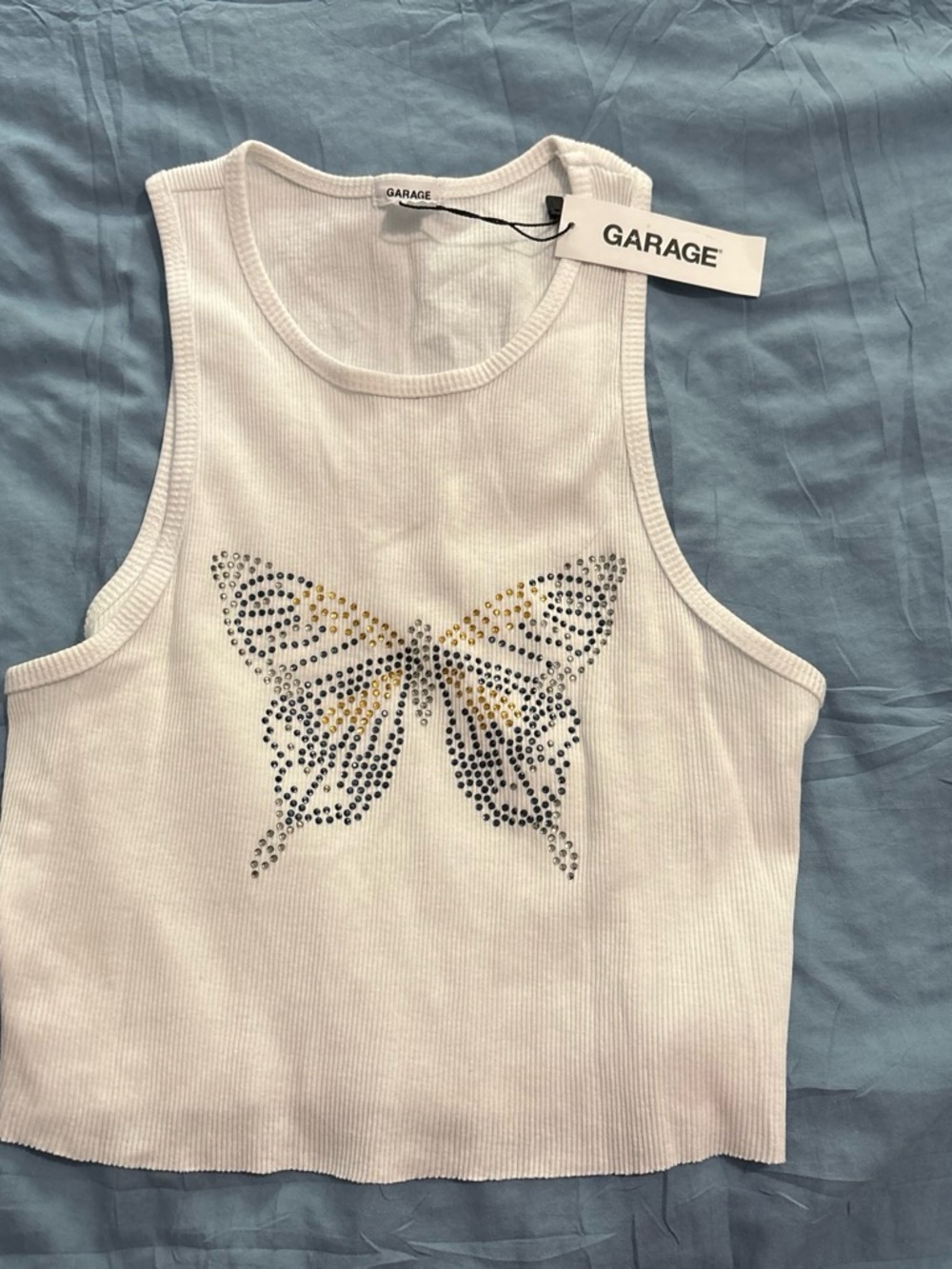 Garage White Ribbed Tank Top with Studded Butterfly